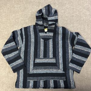 Vtg Franks Textiles Hoodie Gray Blue Black Baja Mexican Poncho Mexico | Size L